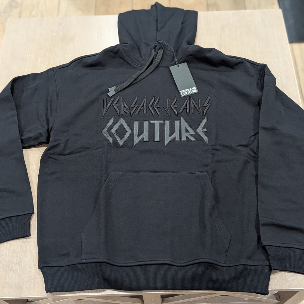 $375 Mens Versace Jeans Couture Tonal Logo Pullover Fleece Hoodie Black Medium